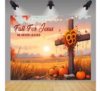Fall for Jesus Backdrop 10x8ft Autumn Thanksgiving Party Decorations Banner He Never Leaves Backdrop Pumpkin Christian Cross Friendsgiving Photography Background