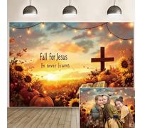 Fall for Jesus Backdrop Photography 10x8ft Autumn Thanksgiving Day He Never Leaves Photoshoot Background Cross Pumpkin Sunflower Harvest Decorations Banner Portrait Christian Religion Supplies