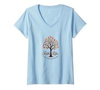 Fall for Jesus: Faith Like Falling Leaves Christian Quote V-Neck T-Shirt, Women, Baby Blue, S