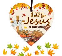 Fall For Jesus Wooden Heart Sign Autumn Decorations,Fall for Jesus He Never Leaves Autumn House Decor,Printed Pumpkins,Maple Autumn Accessories Decor for Thanksgiving and Autumn Harvest Season