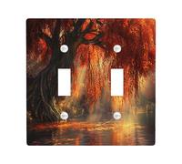Fall Forest Nature Decorative Switch Cover 2 Gang Double Toggle, Autumn Willow Tree Landscape Switchcover Wall Plate, Scenery Electrical Faceplate for Bedroom Living Room Decor