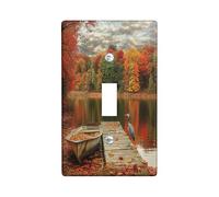 Fall Forest Nature Decorative Switch Cover Plate 1 Gang Single Toggle, Autumn River Boat Trestle Electrical Faceplate for Bedroom Bathroom Decor, Landscape Standard Size Switchplate