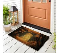 Fall Forest Trail Nature Front Black Door Mat Outside Inside Entrance 29 * 17, Autumn Tree Landscape Outdoor Indoor Washable Doormat, Small Scenic Cool Classroom Patio Garage Shoes Off Doormat