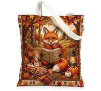 Fall Fox Canvas Tote Bag for Shopping 13x15, Autumn Quilted Style Camping Reusable Grocery Print Pattern Bag for Women, Country Beach Aesthetic Painting Gift Decor