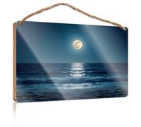 Fall Front Door Decor Full Moon Over The Ocean Waves Wooden Sign Funny Porch Decor Home Hanging Sign(15X28CM)