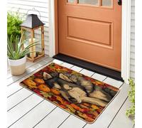 Fall Fun Alaskan Malamute Dog Front Black Door Mat Outside Inside Entrance 29 * 17, Autumn Maple Leaf Pet Outdoor Indoor Washable Doormat, Small Puppy Classroom Patio Garage Shoes Off Doormat