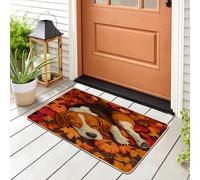 Fall Fun Beagle Dog Front Black Door Mat Outside Inside Entrance 29 * 17, Autumn Maple Leaf Pet Outdoor Indoor Washable Doormat, Small Puppy Classroom Patio Garage Shoes Off Doormat