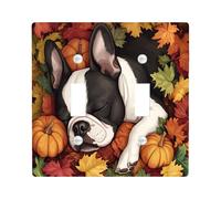 Fall Fun Boston Terrier Dog Decorative Switch Cover Plate 2 Gang Double Toggle, Autumn Maple Leaf Pet Electrical Faceplate for Bedroom Bathroom Decor, Puppy Standard Size Switchplate