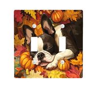 Fall Fun Boston Terrier Dog Switch Cover Wall Plate 2 Gang Double Toggle, Autumn Maple Leaf Pet Electrical Faceplate for Bedroom Bathroom Decor, Puppy Standard Size Switchplate