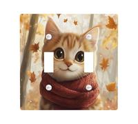 Fall Fun Cat Decorative Switch Cover 2 Gang Double Toggle, Autumn Forest Maple Leaf Switchcover Wall Plate, Anime Animal Electrical Faceplate for Bedroom Living Room Decor