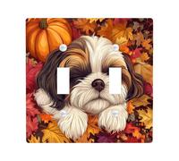 Fall Fun Shih Tzu Dog Switch Cover Wall Plate 2 Gang Double Toggle, Autumn Maple Leaf Pet Electrical Faceplate for Bedroom Bathroom Decor, Puppy Standard Size Switchplate