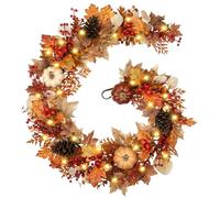 Fall Garland Decor with Lights for Mantle Table Centerpiece，6 Ft Fall Porch Decorations Outdoor for Home Backdrop, Pumpkins Berries Pine Cones Thanksgiving Halloween Fall Autumn Maple Leaves Garland