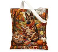 Fall German Shepherd Dog Canvas Tote Bag for Shopping 13x15, Autumn Quilted Style Camping Reusable Grocery Print Pattern Bag for Women, Country Beach Aesthetic Painting Gift Decor