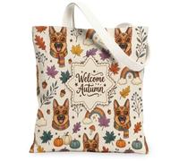 Fall German Shepherd Dog Canvas Tote Bag for Shopping 13x15, Autumn Seamless Fun Funky Reusable Grocery Print Bag for Women, Holiday Aesthetic Painting Gift Decor
