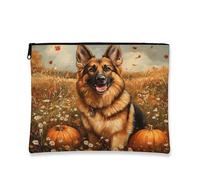 Fall German Shepherd Dog Makeup Bag 7x9 Inch for Travel Pouch, Country Autumn Pumpkin Toiletry Cosmetic Pouch for Women, Oil Painting Fields Portable Canvas Zipper Organizer