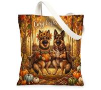 Fall German Shepherd Dog Swing Canvas Tote Bag for Shopping 13x15, Autumn Forest Pumpkin Reusable Grocery Print Bag for Women, Cool Beach Aesthetic Painting Gift Decor
