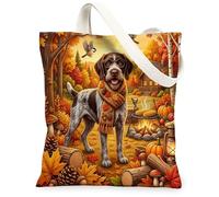 Fall German Wirehaired Pointer Dog Canvas Tote Bag for Shopping 13 * 15, Camping Barbecue Reusable Grocery Bag for Women, Autumn Work Travel Painting Gift Decor