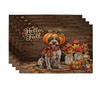 Fall German Wirehaired Pointer Dog Placemats Set of 4, 12x18 Inch, Holiday Cute Wood 4Pcs Washable Table Mats for Dinning, Autumn Seasonal Party Home Kitchen Decor