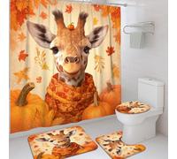 Fall Giraffe Shower Curtain Set, Orange Leaves and Pumpkin Bath Mat Accessories for Autumn Home Decor, Cute Animal Water-Resistant Fabric Curtain with Hooks 72x72 Inch