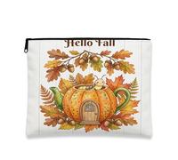 Fall Glowworm Insect Makeup Bag, Cute Holiday Wood Leaf Printed Cosmetic Travel Pouch for Women, Autumn Portable Small Canvas Zipper Organizer 7x9 Inch