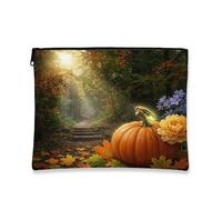 Fall Glowworm Insect Makeup Bag, Holiday Pumpkins Forest Printed Cosmetic Travel Pouch for Women Girls, Autumn Portable Small Canvas Zipper Organizer 7x9 Inch