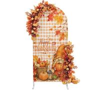 Fall Gnomes Arch Backdrop 6 Ft, Thanksgiving Pumpkins Spandex Stretch Fitted Arch Cover, Ornage Buffalo Plaid Round Top Chiara Arches Stand Backdrop Cover for Birthday Party Baby Shower Autumn Maple