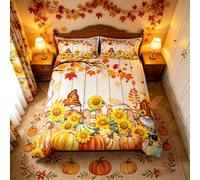 Fall Gnomes Duvet Cover Set Double Size, Pumpkin Sunflower Leaves Comforter Cover with 2 Pillowcases, Autumn Harvest Bedding Set 3pcs for Kids Boys Girls Room Decor Lightweight Bedspread Cover