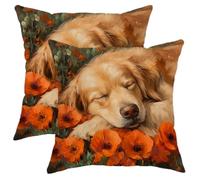 Fall Golden Retriever Dog Throw Pillow Covers 18x18 Set of 2, Soft Funny Autumn Poppy Flowers Pillow Cases Kit with Zipper, Pet Velvet Home Decor for Couch Sofa Living Room Bed