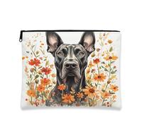 Fall Great Dane Dog Makeup Bag 7x9 Inch for Travel Pouch, Watercolor Autumn Floral Print Cosmetic Pouch for Women, Fun Cute Flower Portable Canvas Zipper Organizer