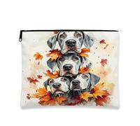 Fall Great Dane Dog Makeup Bag, Cute Autumn Maple Leaf Cosmetic Travel Pouch for Women, Portable Small Canvas Zipper Organizer, Puppy Toiletry Bag 7x9 Inch