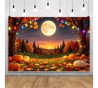 Fall Halloween Backdrop 7x5ft Fabric Autumn Forest Full Moon Night Pumpkin Maple Leaves Backdrop for Halloween Party Thanksgiving Harvest Party Decor Baby Shower Birthday Photo Background