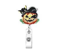 Fall Halloween Badge Reel Retractable Halloween Badge Clip Cute Funny Black Pumpkin ID Badge Holder with Retractable Clip, Orange Black ID Badge Reel for Nurse Doctor Teacher Student Office Worker