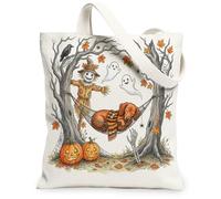 Fall Halloween Dachshund Dog Canvas Tote Bag for Shopping 13 * 15, Scary Fun Ghost Skeleton Reusable Grocery Bag for Women, Spooky Beach Aesthetic Painting Gift Decor