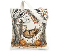 Fall Halloween German Shepherd Dog Canvas Tote Bag for Shopping 13 * 15, Scary Fun Ghost Skeleton Reusable Grocery Bag for Women, Spooky Beach Aesthetic Painting Gift Decor
