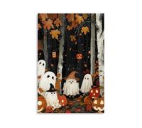 Fall Halloween Ghost Wall Art: Little Cute Ghosts Lighting Pumpkin Lamps and Partying in the Maple Grove Canvas Art Print for Dinging Room Living Room Decorations Modern Halloween 24x32 Inch Framed