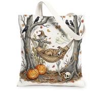 Fall Halloween Whippet Dog Canvas Tote Bag for Shopping 13 * 15, Scary Fun Ghost Skeleton Reusable Grocery Bag for Women, Spooky Beach Aesthetic Painting Gift Decor