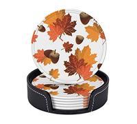 Fall Harvest Autumn Seasonal Leave Leaf Nut Pattern Coasters for Drinks with Holder Set of 6 Leather Round 4" for Home Kitchen Decor Coffee Cup Housewarming