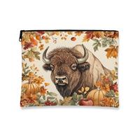 Fall Harvest Bisons Makeup Bag, Autumn Pumpkins Leaf Cosmetic Travel Pouch for Women, Portable Small Canvas Zipper Organizer, Animal Toiletry Bag 7x9 Inch