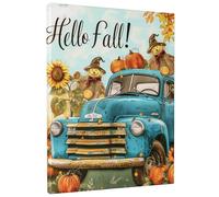 Fall Harvest Canvas Wall Art, Blue Vintage Truck With Sunflower And Pumpkin Prints, Rustic Autumn Farmhouse Decor For Living Room, Entryway, Kitchen, Unframed 12x16 Inch