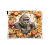 Fall Harvest Chimpanzee Makeup Bag, Autumn Pumpkins Leaf Cosmetic Travel Pouch for Women, Portable Small Canvas Zipper Organizer, Gorilla Toiletry Bag 7x9 Inch