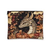 Fall Harvest Dragons Makeup Bag, Autumn Pumpkins Leaf Cosmetic Travel Pouch for Women, Portable Small Canvas Zipper Organizer, Animal Toiletry Bag 7x9 Inch