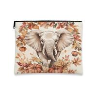 Fall Harvest Elephants Makeup Bag, Autumn Pumpkins Leaf Cosmetic Travel Pouch for Women, Portable Small Canvas Zipper Organizer, Animal Toiletry Bag 7x9 Inch