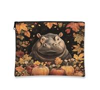Fall Harvest Hippos Makeup Bag, Autumn Pumpkins Leaf Cosmetic Travel Pouch for Women, Portable Small Canvas Zipper Organizer, Animal Toiletry Bag 7x9 Inch