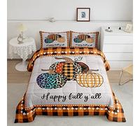 Fall Harvest Kids Comforter Set King Size,Leopard Print Pumpkin Bedding,Boys Girls Adults Bedroom/Cabin Decor,Lattice Grid Plank Country Down Comforter,Maple Bright Duvet Insert,3pcs,2 Pillowcases