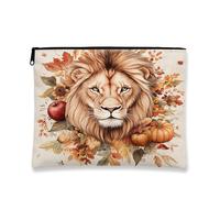 Fall Harvest Lion Makeup Bag, Autumn Pumpkins Leaf Cosmetic Travel Pouch for Women, Portable Small Canvas Zipper Organizer, Animal Toiletry Bag 7x9 Inch