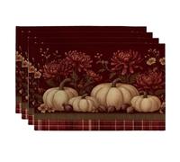 Fall Harvest Pumpkin Placemats, Burgundy Floral Decorative Place mats for Dining Table, Non-Slip Washable Indoor Outdoor Party Tableware Set of 4