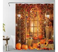 Fall Harvest Pumpkin Shower Curtain for Bathroom Yellow Sunflower and Autumn Maple Leaves in Farmhouse Barn Bathroom Shower Curtains with Hooks, Rustic Plant Bathroom Curtains Shower Set 60x72 inch