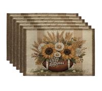 Fall Harvest Sunflower Placemats, Brown Rustic Floral Table Mats for Dining Room, Non-Slip Washable Indoor Outdoor Party Decorative Placemat Set of 6