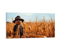 Fall Harvest Wall Decor Poster, Pumpkin Scarecrow Framed Canvas Wall Art for Bathroom Kid's Room, Funny Autumn Corn Field Artworks, Thanks Giving Gifts, 20x40CM