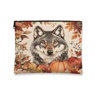 Fall Harvest Wolf Makeup Bag, Autumn Pumpkins Leaf Cosmetic Travel Pouch for Women, Portable Small Canvas Zipper Organizer, Animal Toiletry Bag 7x9 Inch